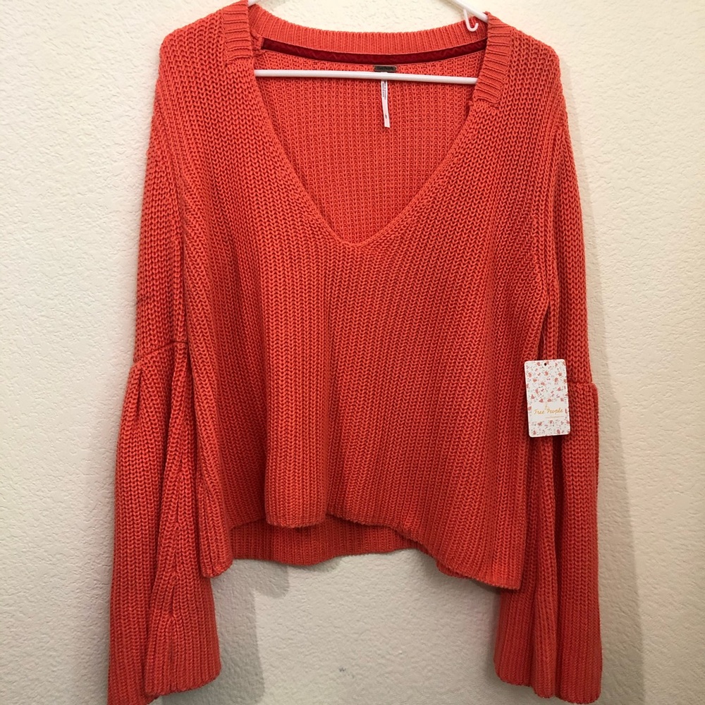 Free People Sweater V-Neck Bell Sleeve Coral Orang - Picture 4 of 12